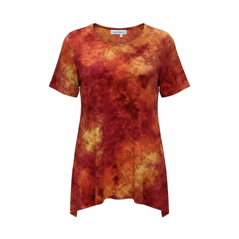Bon Worth Women Orange Red Tie Dye Floral Sharkbite Hem Tunic Top Small
